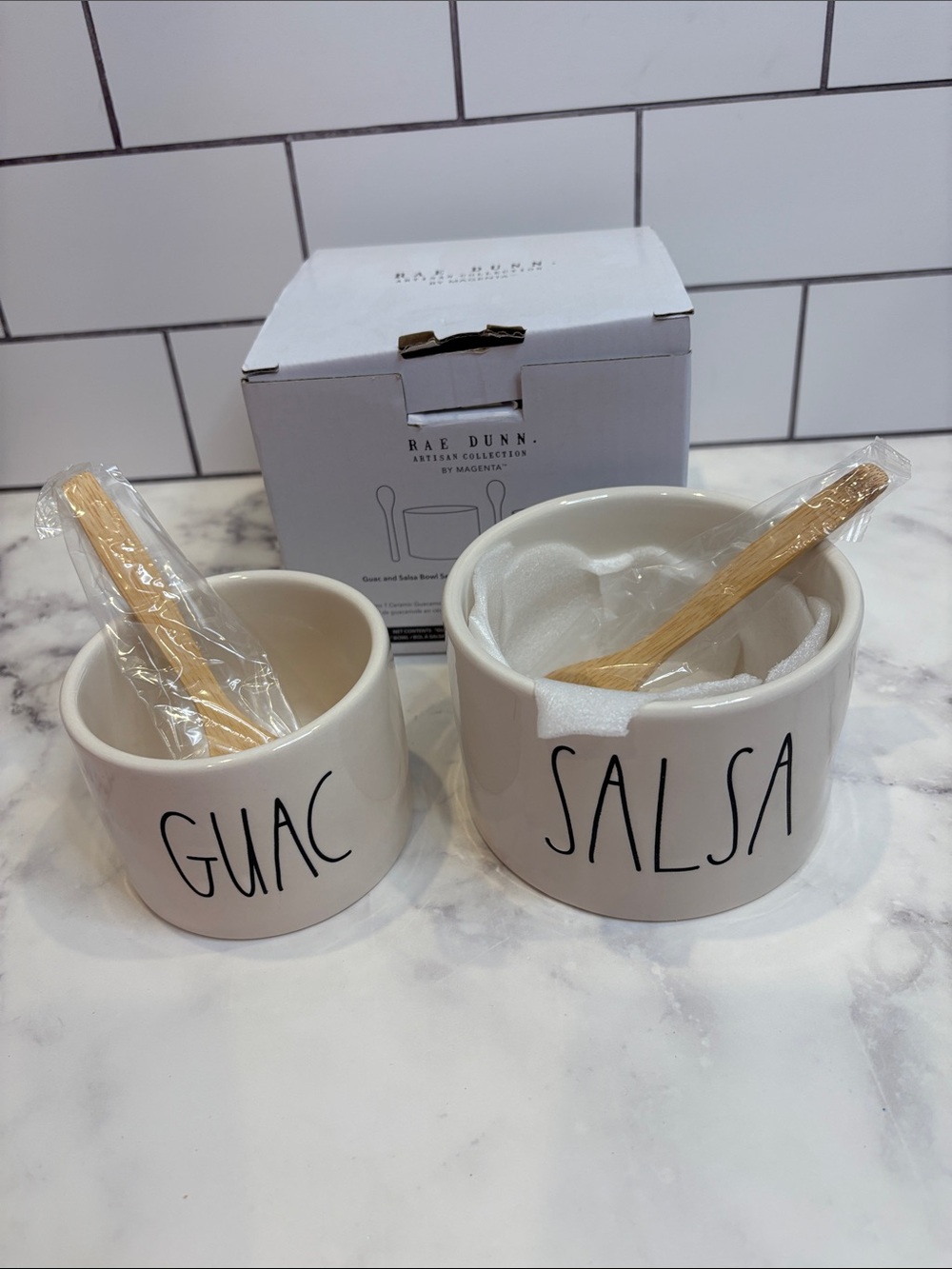 Rae Dunn White GUAC & SALSA Ceramic Dip Bowl Set with Wooden Spoons